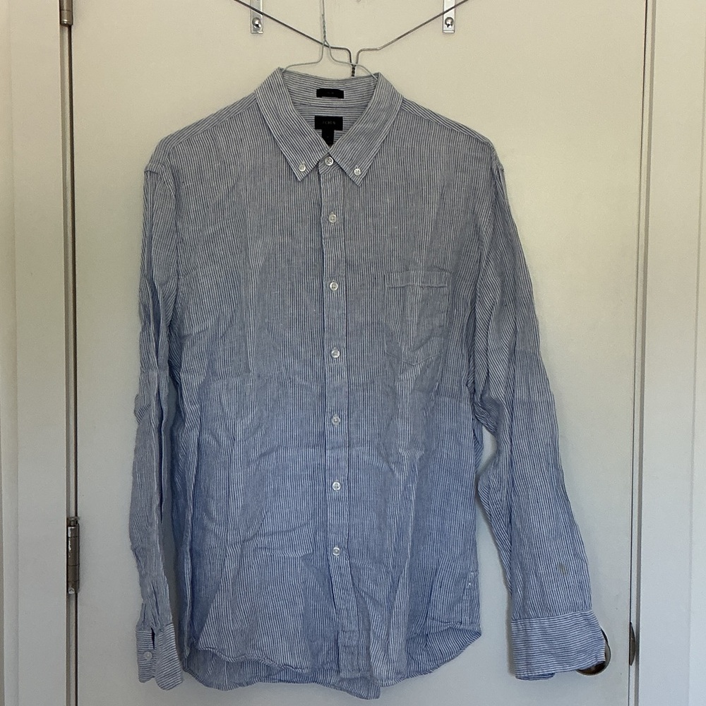 J. Crew Men's Slim Fit Blue Linen Pinstripe Shirt - Picture 2 of 4